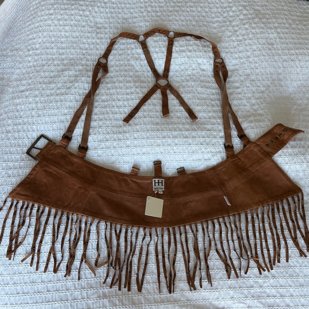 Haute Hippie Brown Leather Fringe Studded Waist Belt - Picture 6 of 6